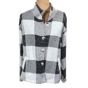 Christopher & Banks Fleece Jacket Black White Buffalo Plaid Size L Large